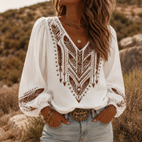 Embroidered Boho Blouse, V-Neck, Balloon Sleeve