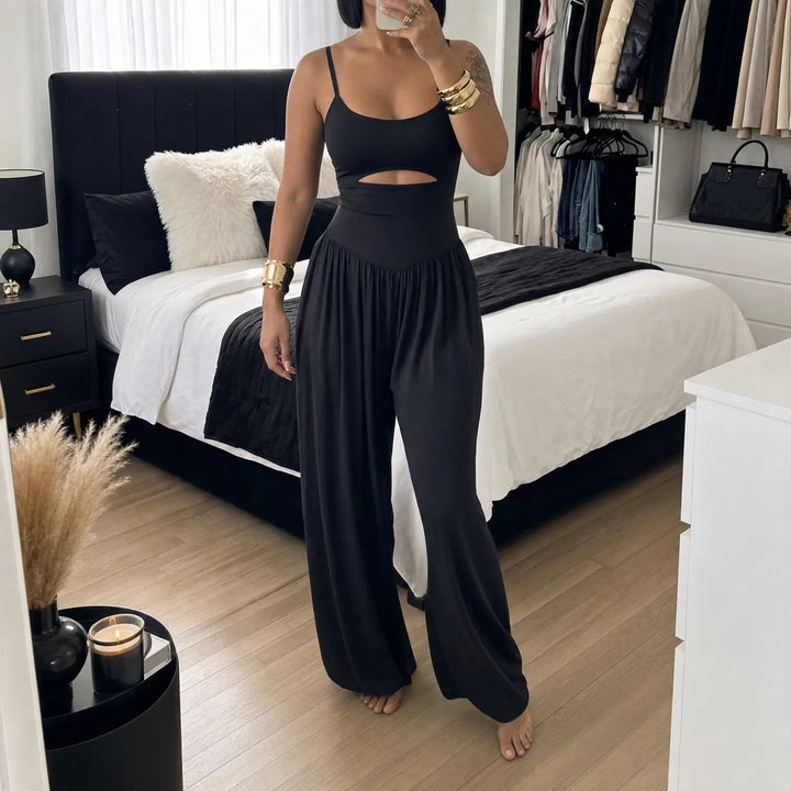 Sleeveless Cutout Wide Leg Jumpsuit with Adjustable Back Tie