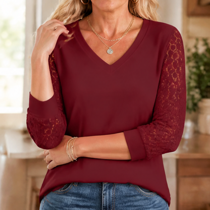 Crochet Lace Sleeve V-Neck Top — View 12 | Clova