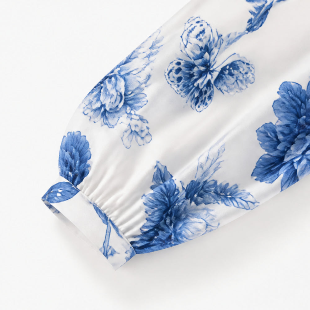 Blue Floral Peony Button-Front Maxi Shirt Dress with Pockets