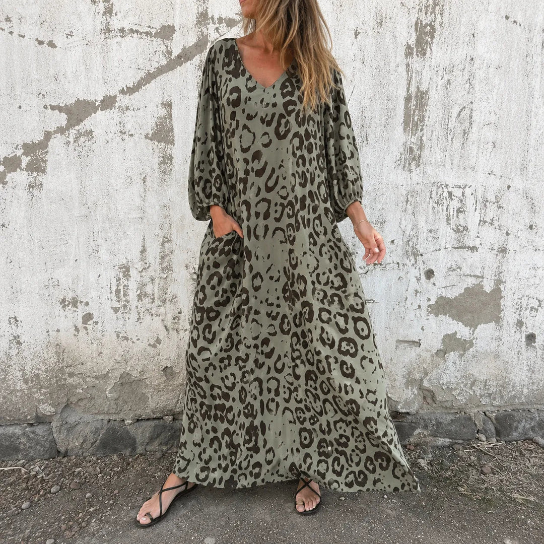 Leopard Print V-Neck Maxi Dress with Pockets, Loose Kaftan Fit, 4 Colors