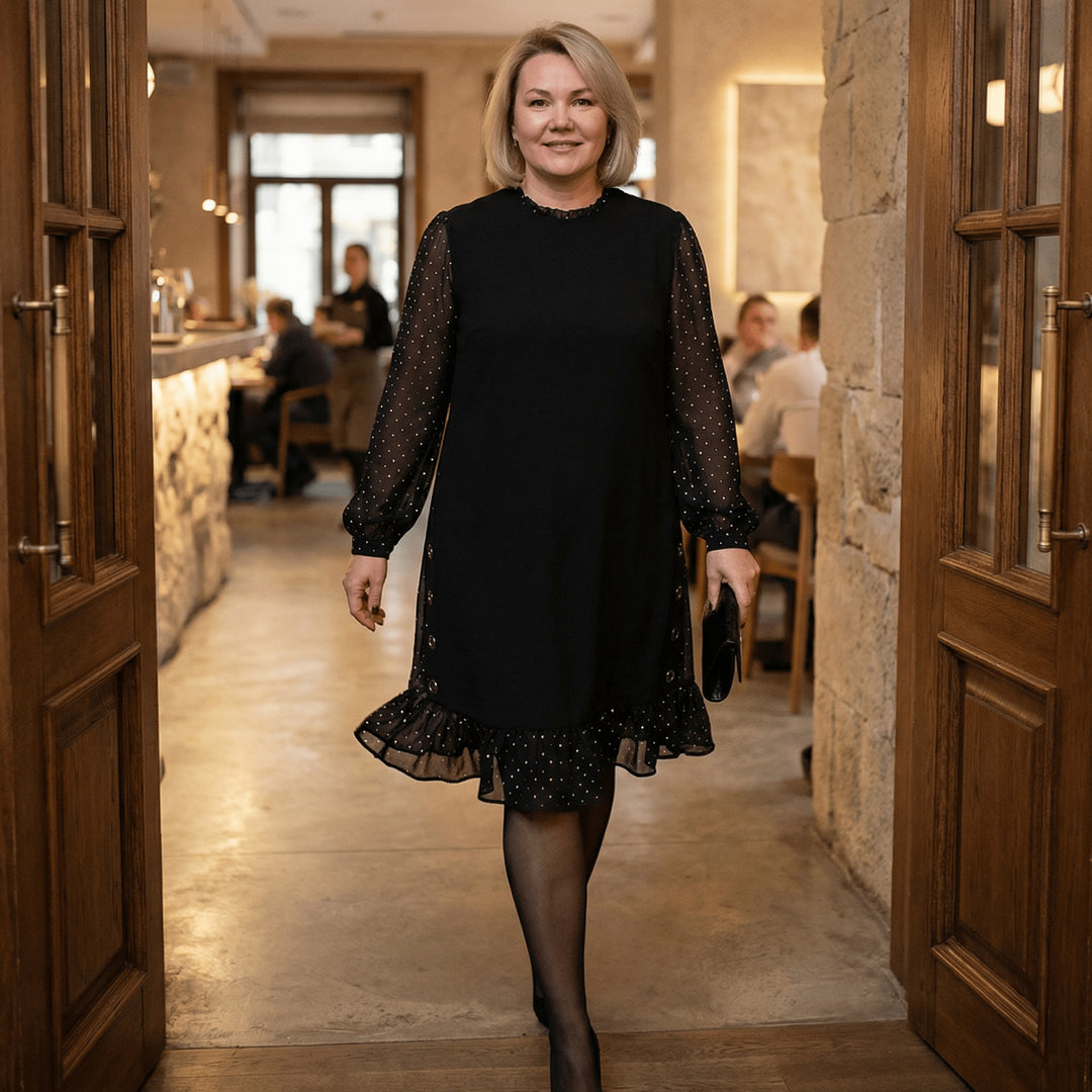 Rhinestone Mesh Sleeve Dress with Ruffle Hem