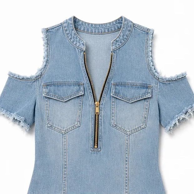 Cold Shoulder Zip Front Frayed Denim-like Mini Dress