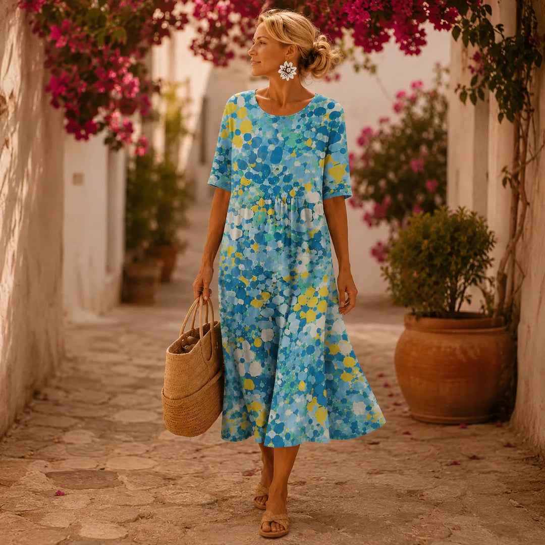 Watercolor print flowing midi dress with pockets