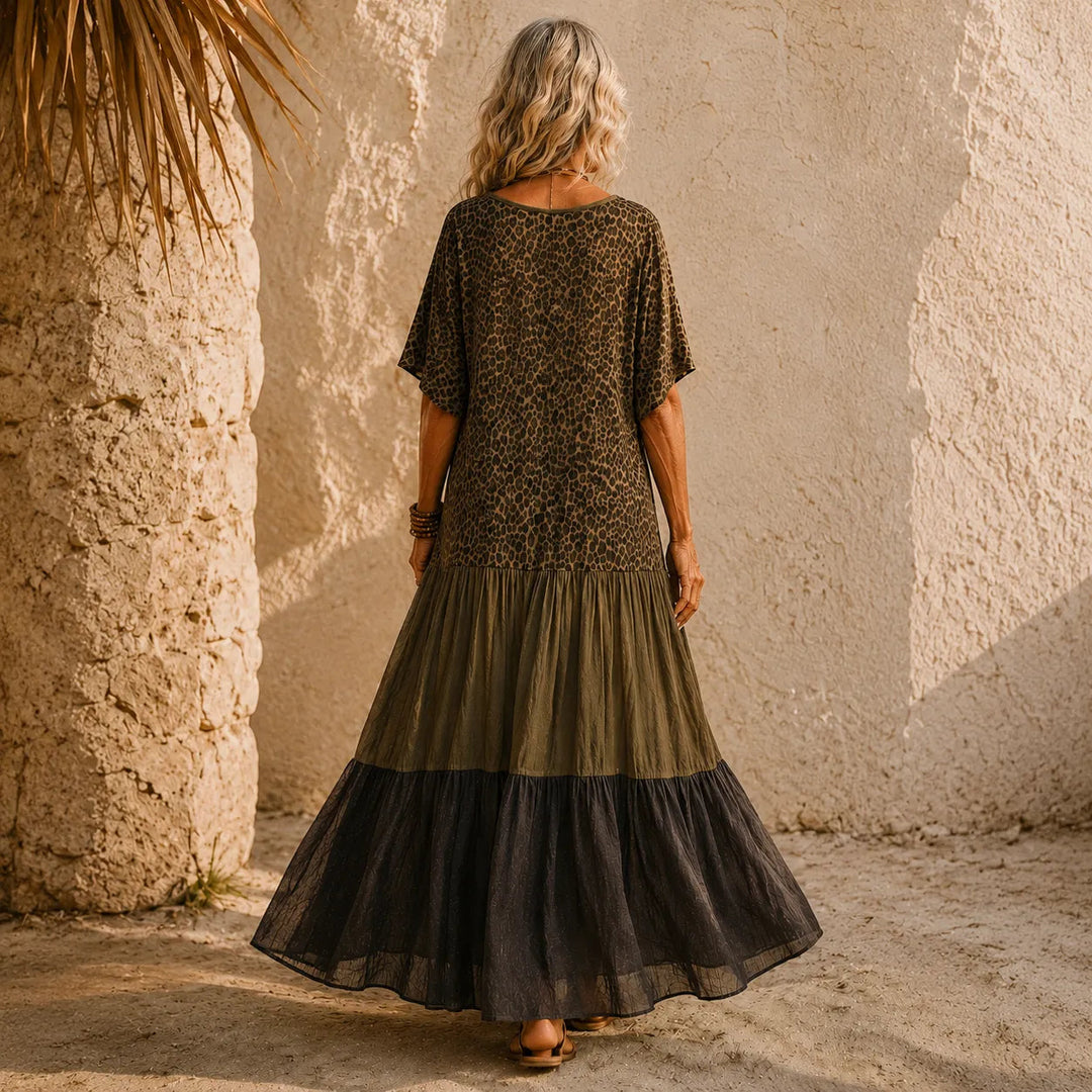 BOHO TIERED MAXI DRESS WITH LEOPARD BODICE, COLOR-BLOCK SKIRT, V-NECK
