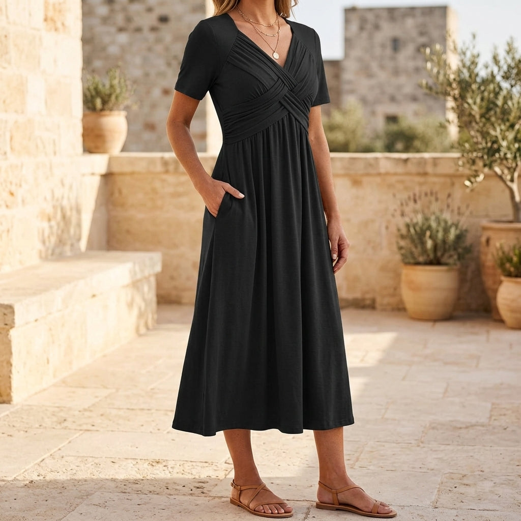 Crossover V-Neck Midi Dress with Pockets