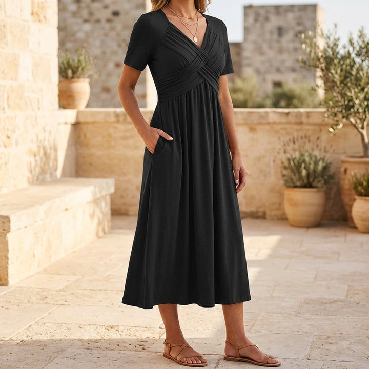 Crossover V-Neck Midi Dress with Pockets