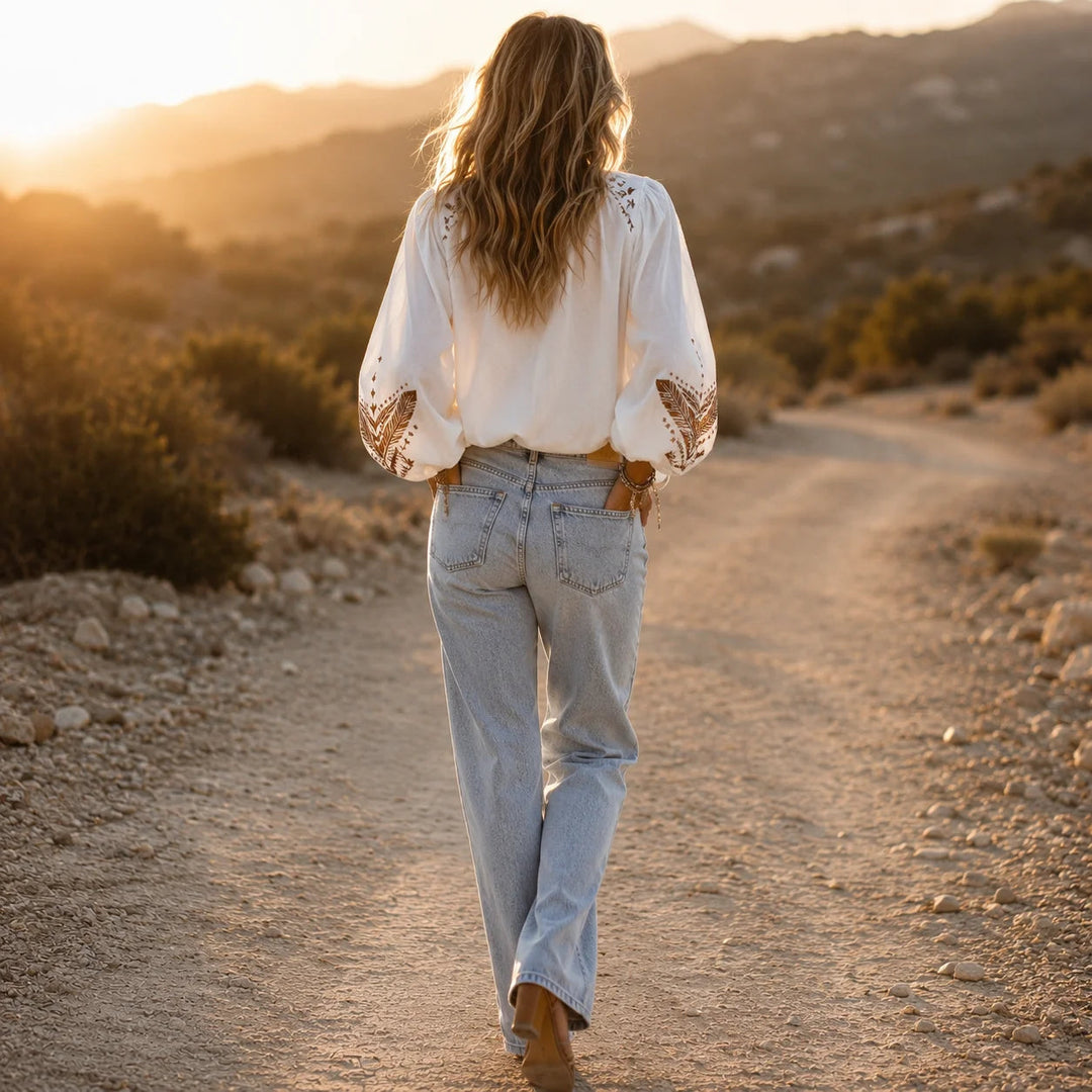 Embroidered Boho Blouse, V-Neck, Balloon Sleeve