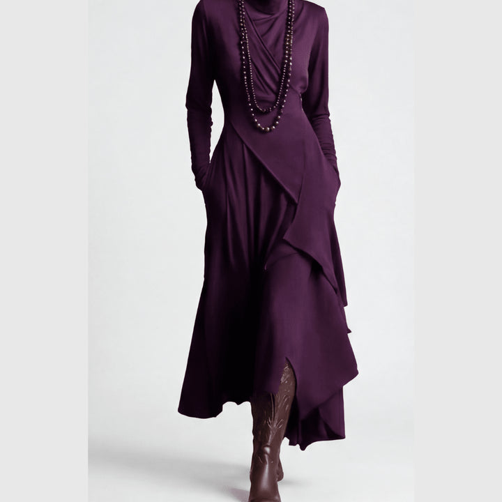 Asymmetrical Draped High Neck Maxi Dress