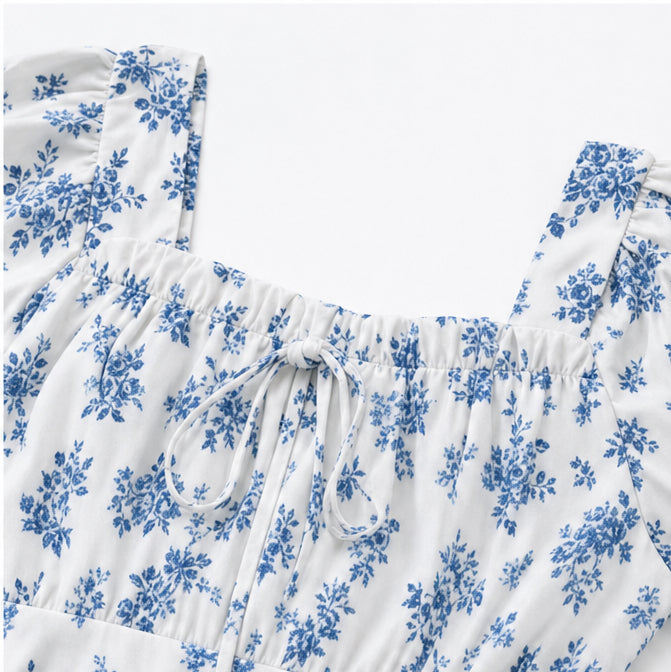 Floral Midi Dress with Tie-Front Square Neckline