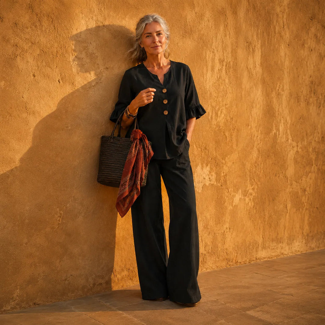 Linen-Look 2-Piece Set, Ruffle-Cuff Top &amp; Wide-Leg Trousers, Women&