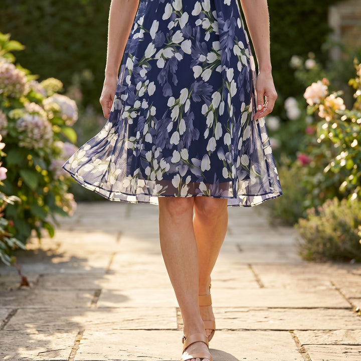 ELEGANT NAVY FLORAL MIDI DRESS