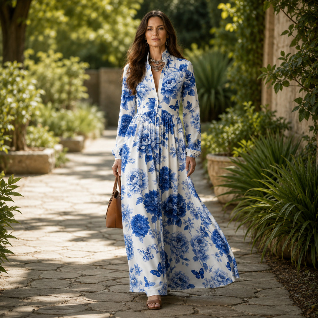 Blue Floral Peony Button-Front Maxi Shirt Dress with Pockets