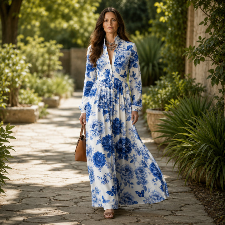 Blue Floral Peony Button-Front Maxi Shirt Dress with Pockets