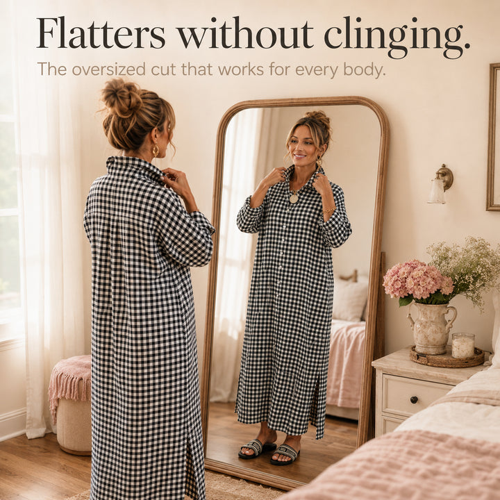 Gingham Button-Front Maxi Shirt Dress with Side Slits