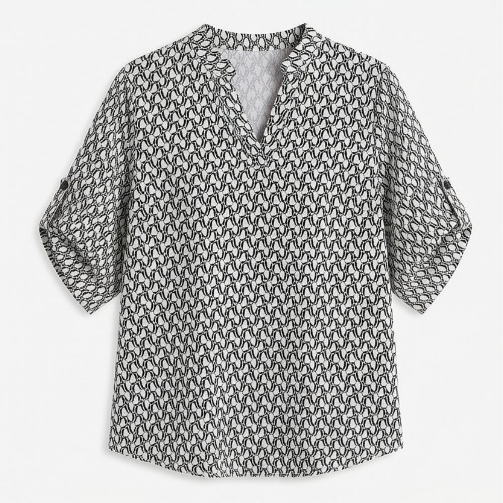 Lunavia Geometric V-Neck Blouse with Roll-Tab Sleeves — View 12 | Clova