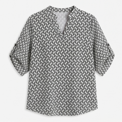 Lunavia Geometric V-Neck Blouse with Roll-Tab Sleeves — View 12 | Clova