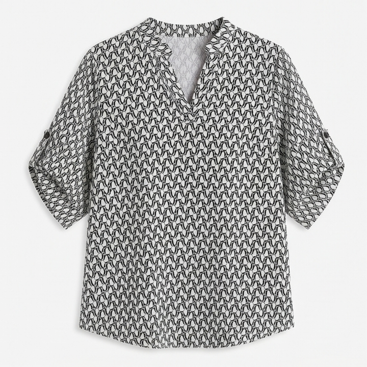 Lunavia Geometric V-Neck Blouse with Roll-Tab Sleeves — View 12 | Clova