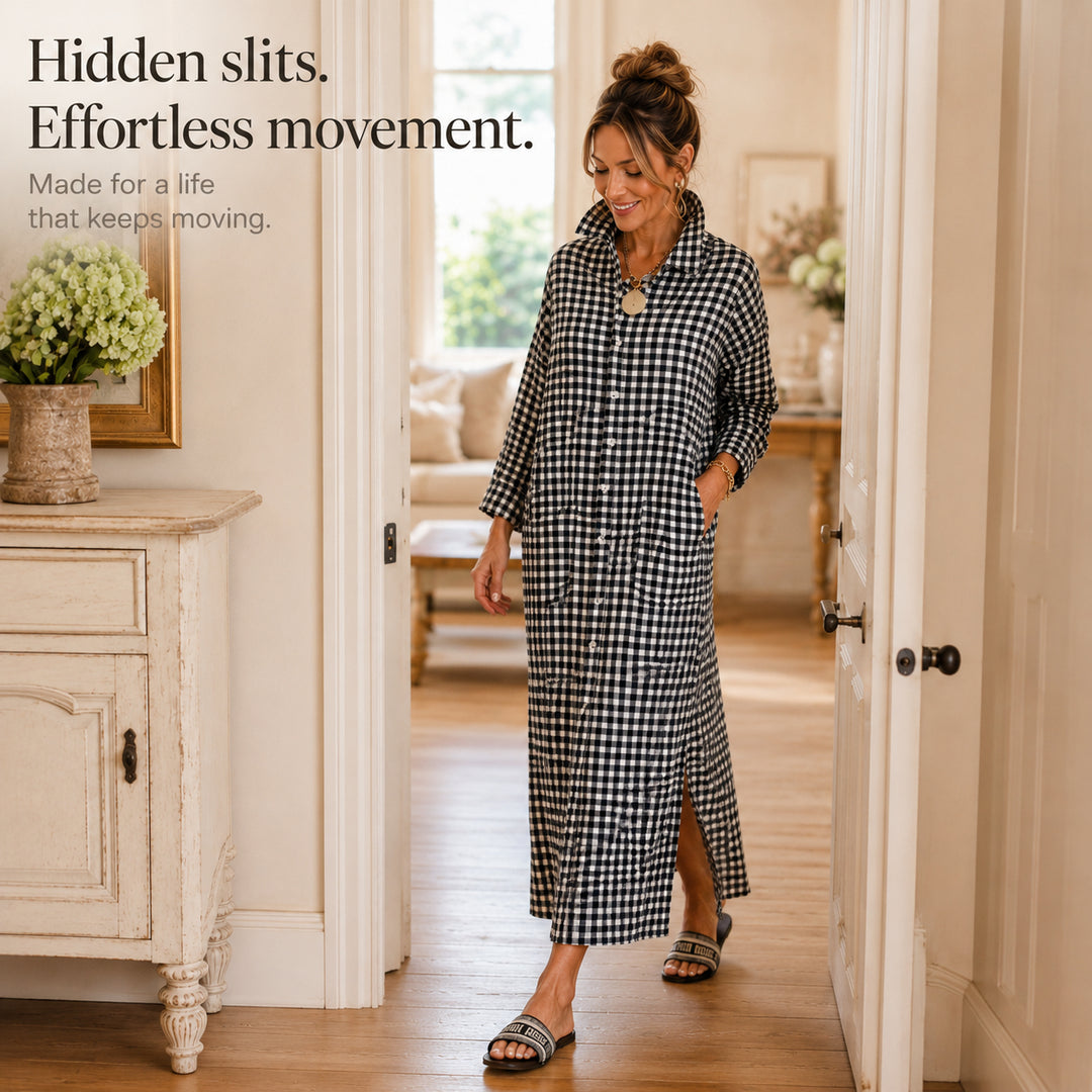 Gingham Button-Front Maxi Shirt Dress with Side Slits