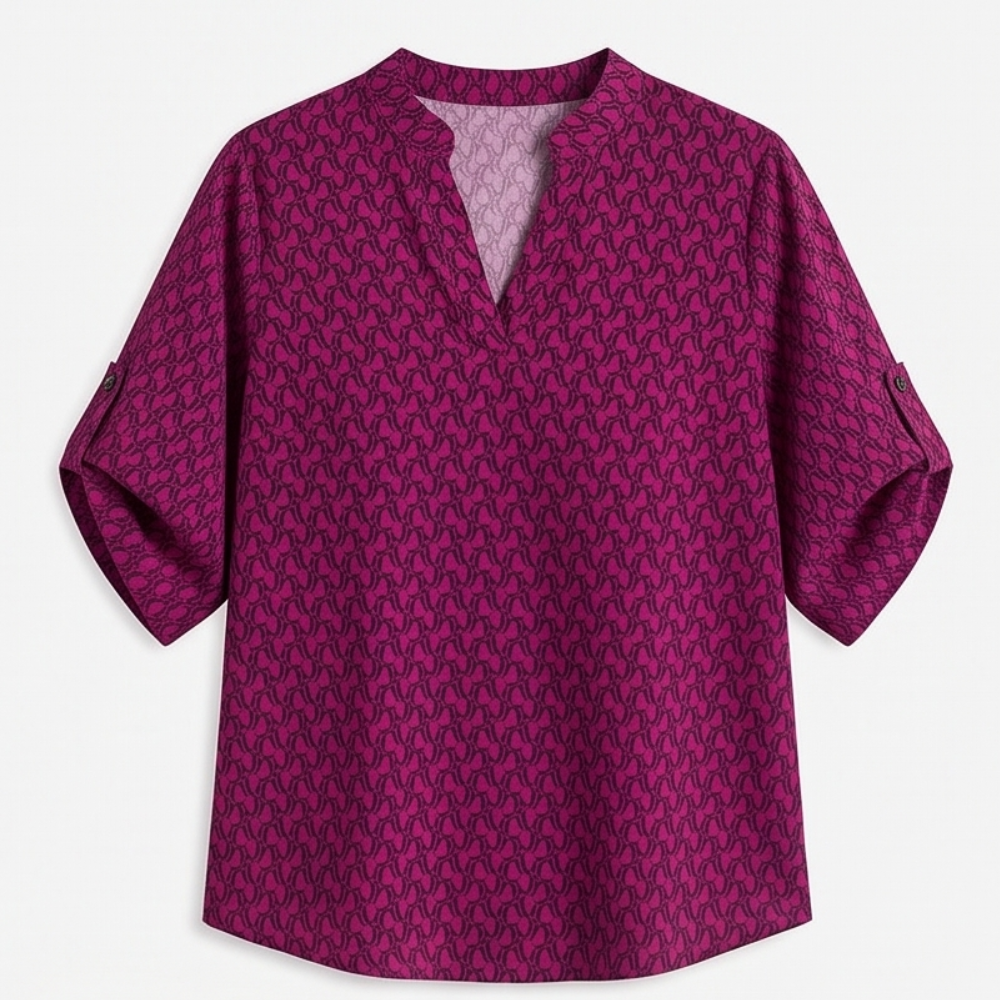 Lunavia Geometric V-Neck Blouse with Roll-Tab Sleeves — View 14 | Clova