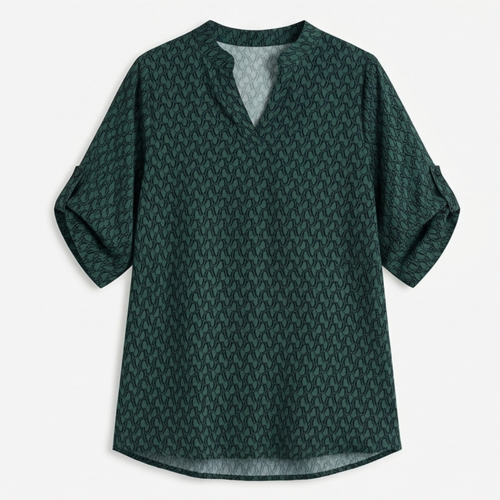 Lunavia Geometric V-Neck Blouse with Roll-Tab Sleeves — View 13 | Clova