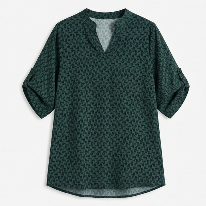 Lunavia Geometric V-Neck Blouse with Roll-Tab Sleeves — View 13 | Clova