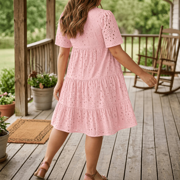 Flowy V-Neck Eyelet Dress for Curvy Fit