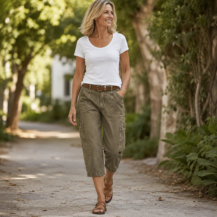 Relaxed Cargo Capris with Deep Utility Pockets, Mid-Calf Length, Mocha