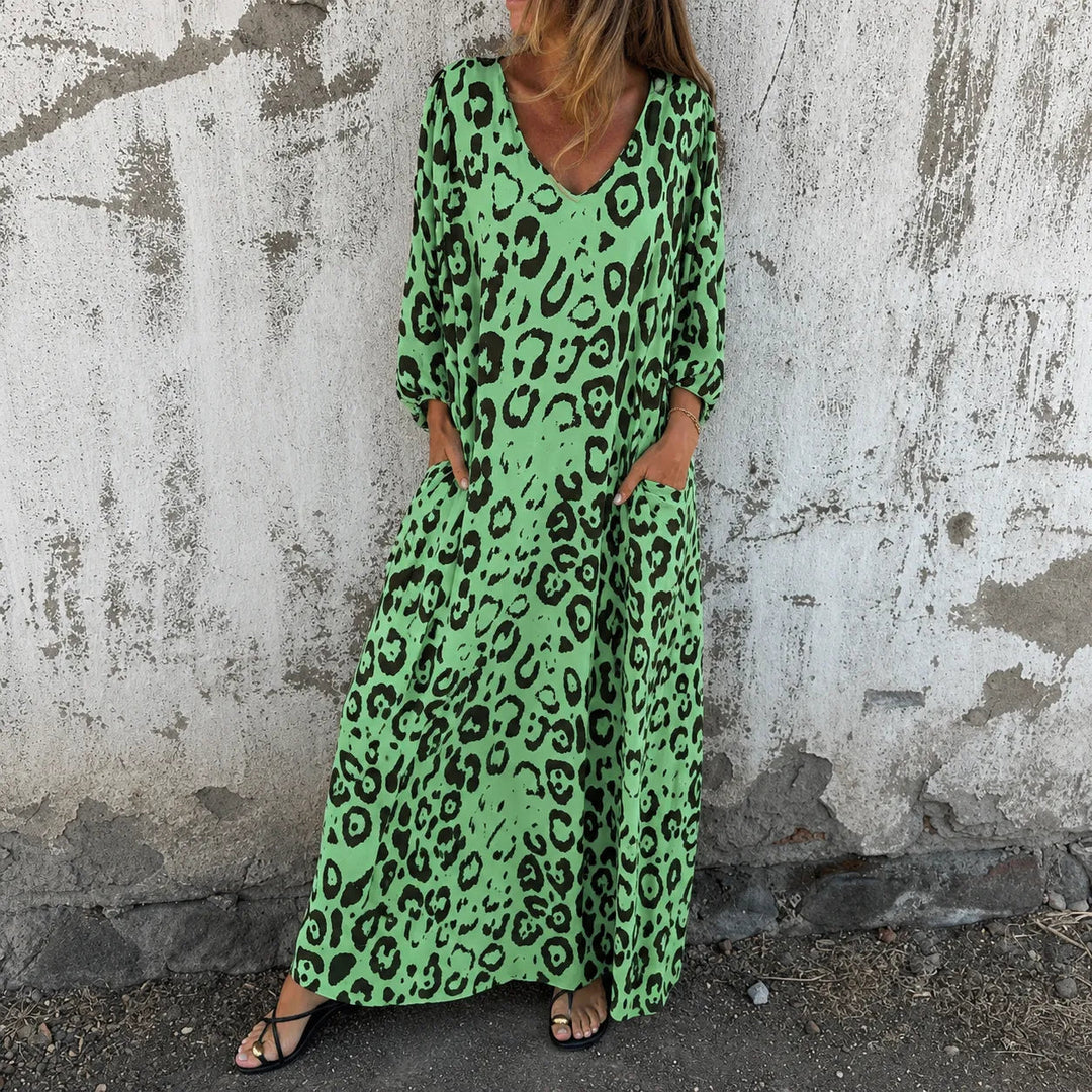 Leopard Print V-Neck Maxi Dress with Pockets, Loose Kaftan Fit, 4 Colors