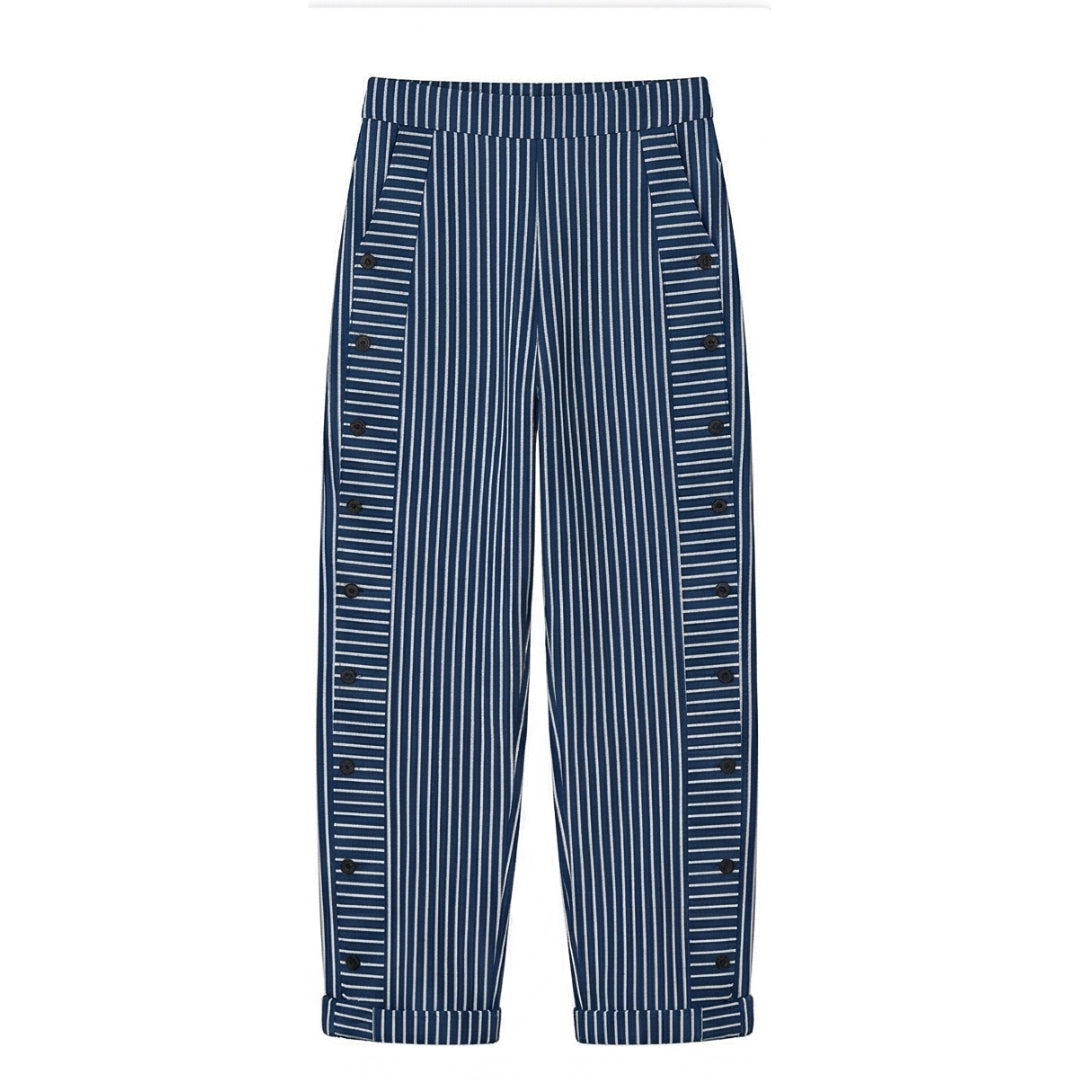 Striped Cotton Pants with Button Trim