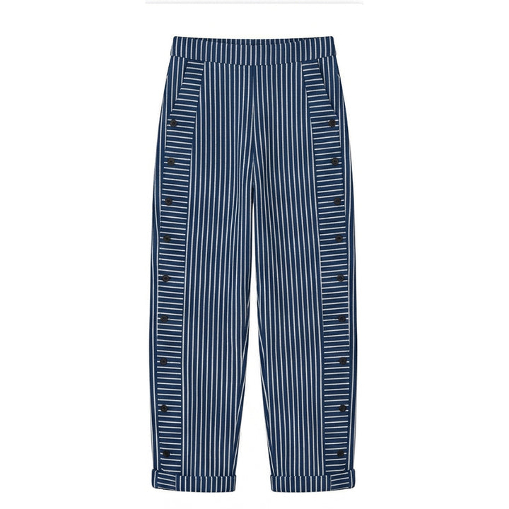 Striped Cotton Pants with Button Trim