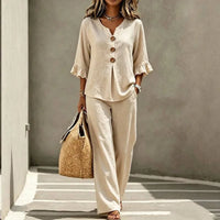 Linen-Look 2-Piece Set, Ruffle-Cuff Top & Wide-Leg Trousers, Women's Coordinated Outfit
