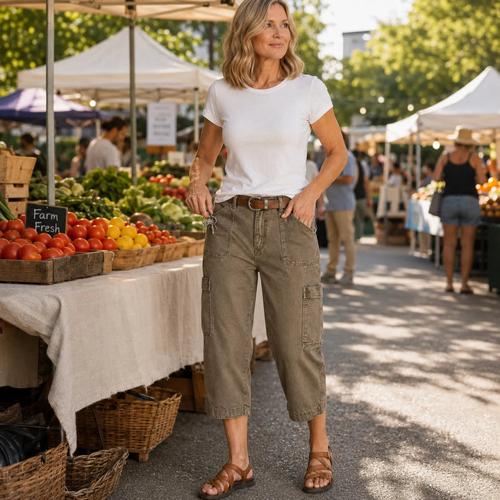 Relaxed Cargo Capris with Deep Utility Pockets, Mid-Calf Length, Mocha