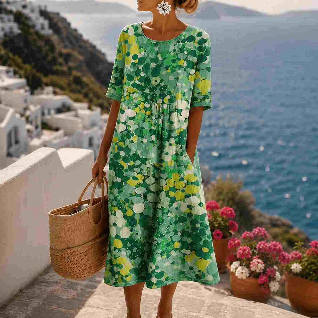 Watercolor print flowing midi dress with pockets