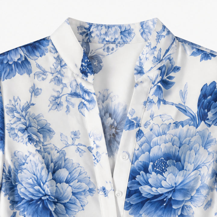 Blue Floral Peony Button-Front Maxi Shirt Dress with Pockets