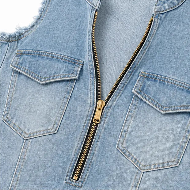 Cold Shoulder Zip Front Frayed Denim-like Mini Dress
