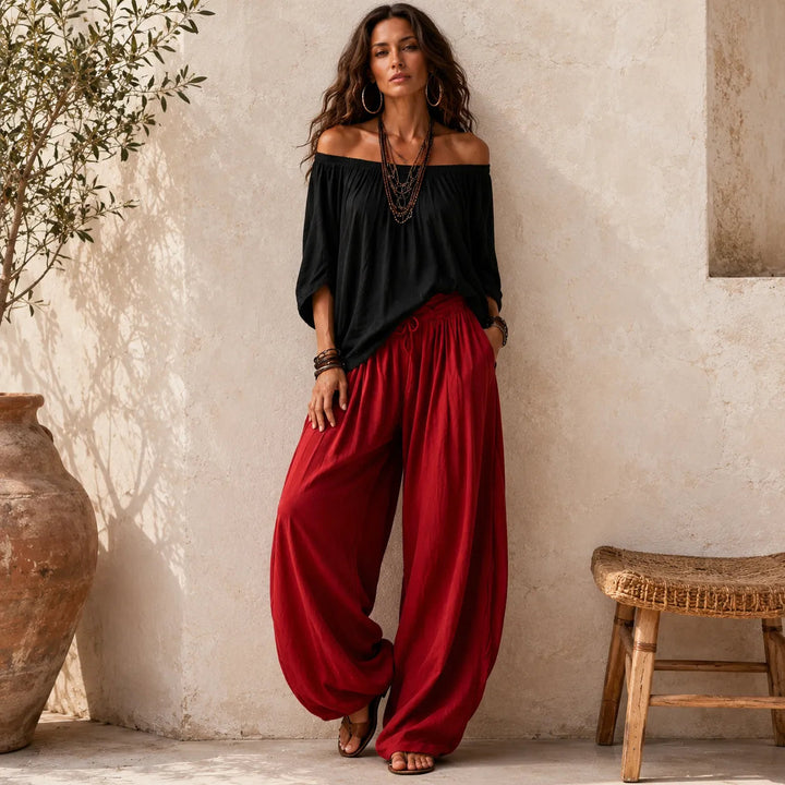 Off-Shoulder Boho Top and Lantern Pants Set for Women