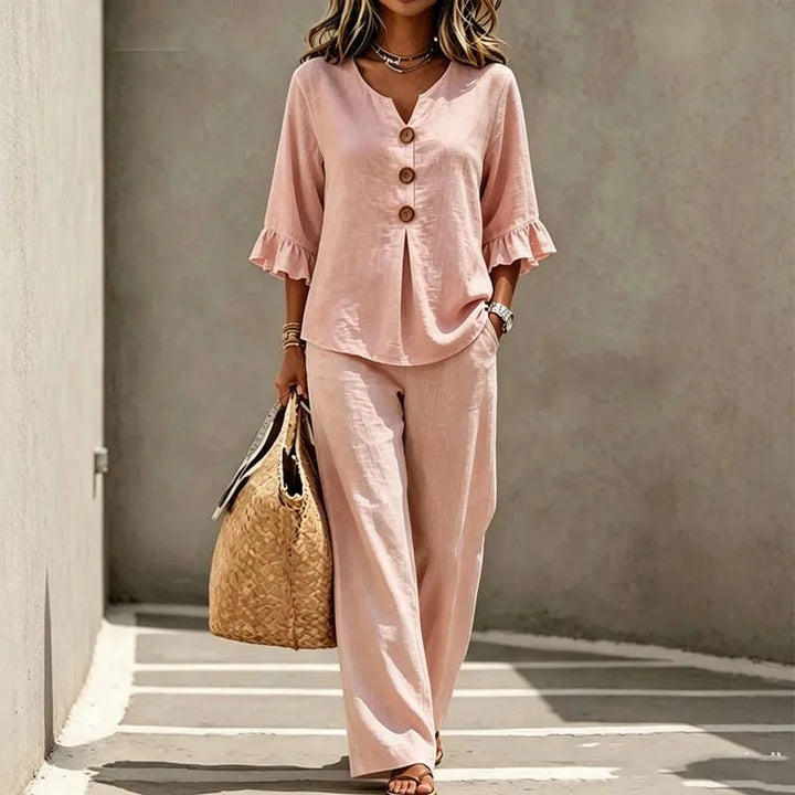 Linen-Look 2-Piece Set, Ruffle-Cuff Top &amp; Wide-Leg Trousers, Women&