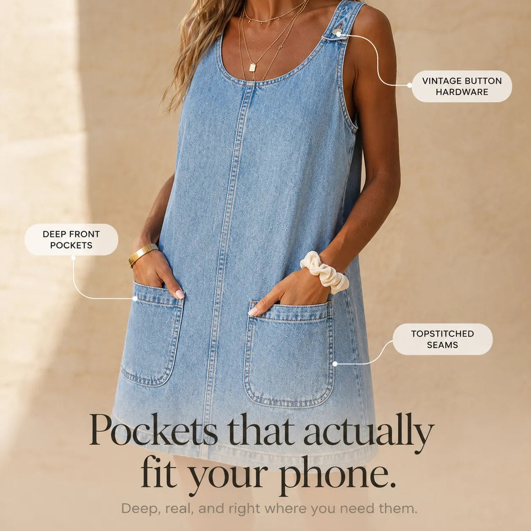 Lightweight Denim Pinafore Dress with Front Pockets