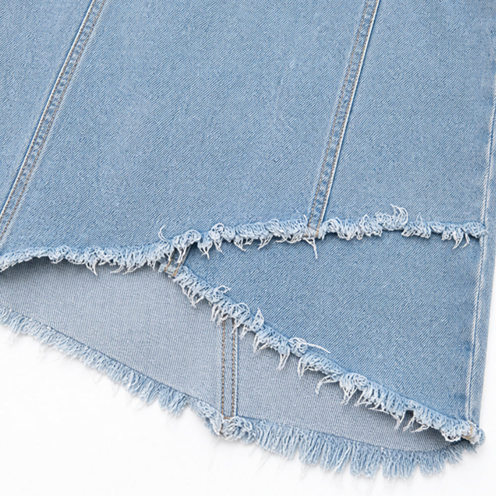 Cold Shoulder Zip Front Frayed Denim-like Mini Dress