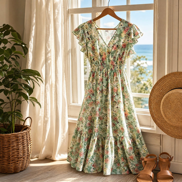 Floral V-Neck Smocked Waist Midi Dress