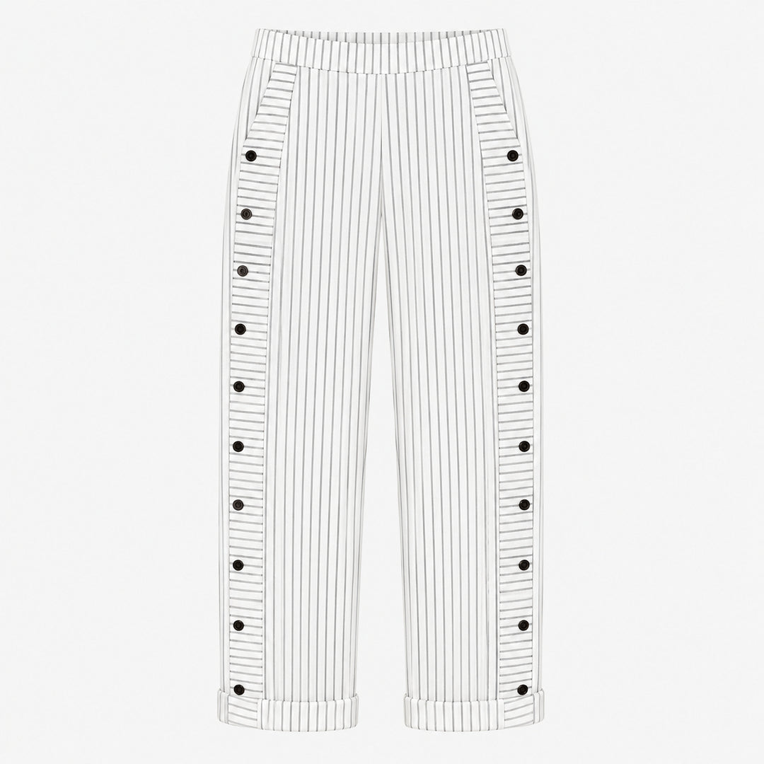 Striped Cotton Pants with Button Trim