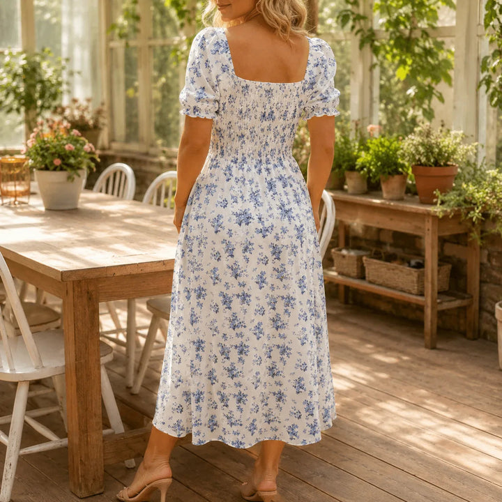 Floral Midi Dress with Tie-Front Square Neckline