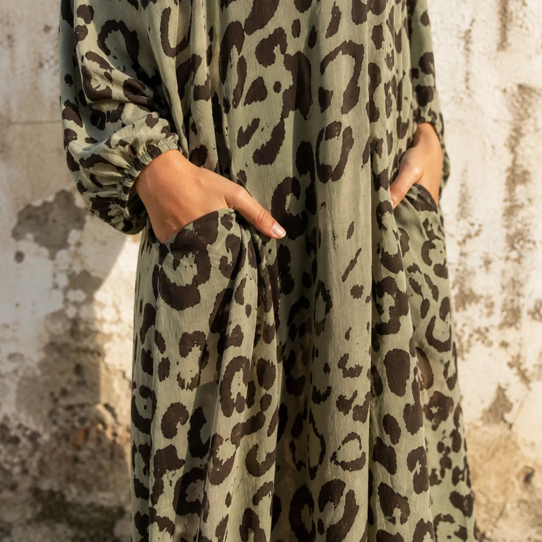Leopard Print V-Neck Maxi Dress with Pockets, Loose Kaftan Fit, 4 Colors