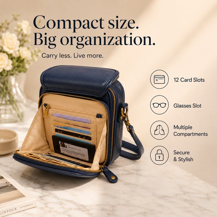 Structured PU crossbody bag with built-in wallet and glasses compartment