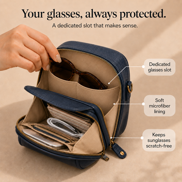 Structured PU crossbody bag with built-in wallet and glasses compartment