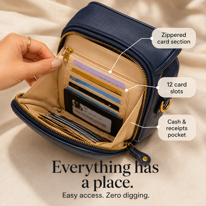 Structured PU crossbody bag with built-in wallet and glasses compartment