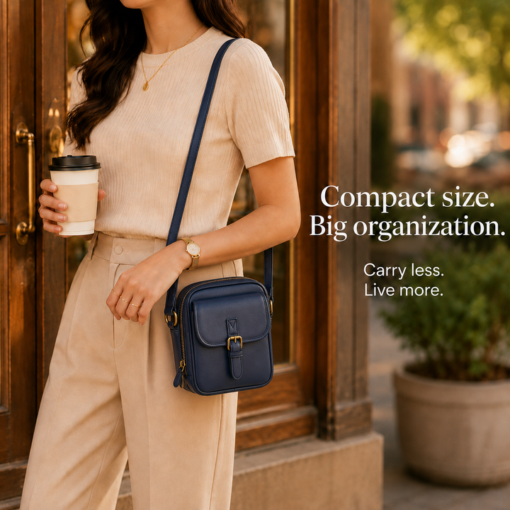 Structured PU crossbody bag with built-in wallet and glasses compartment