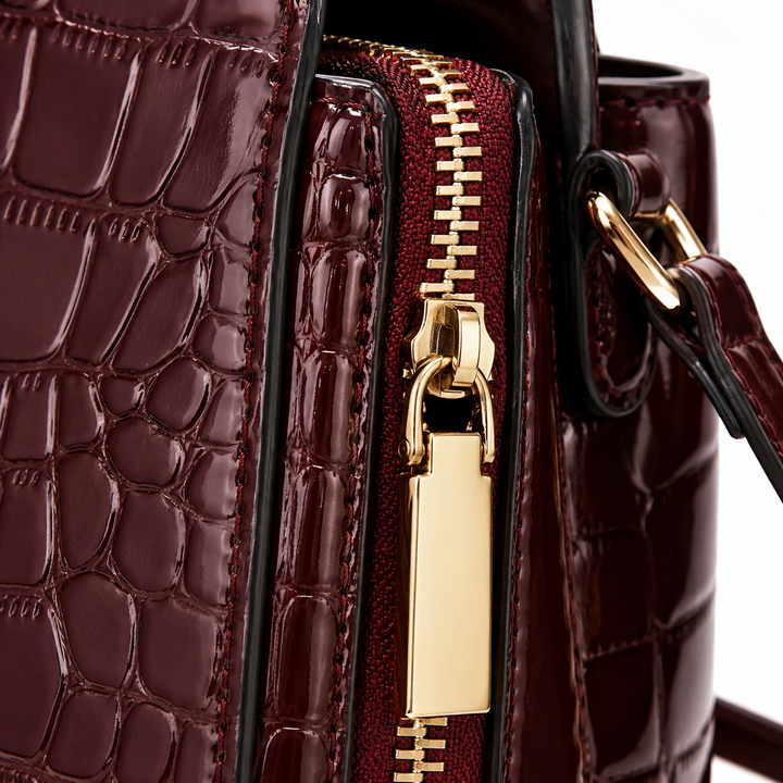 Glossy Croc Embossed Crossbody Handbag with Gold Hardware