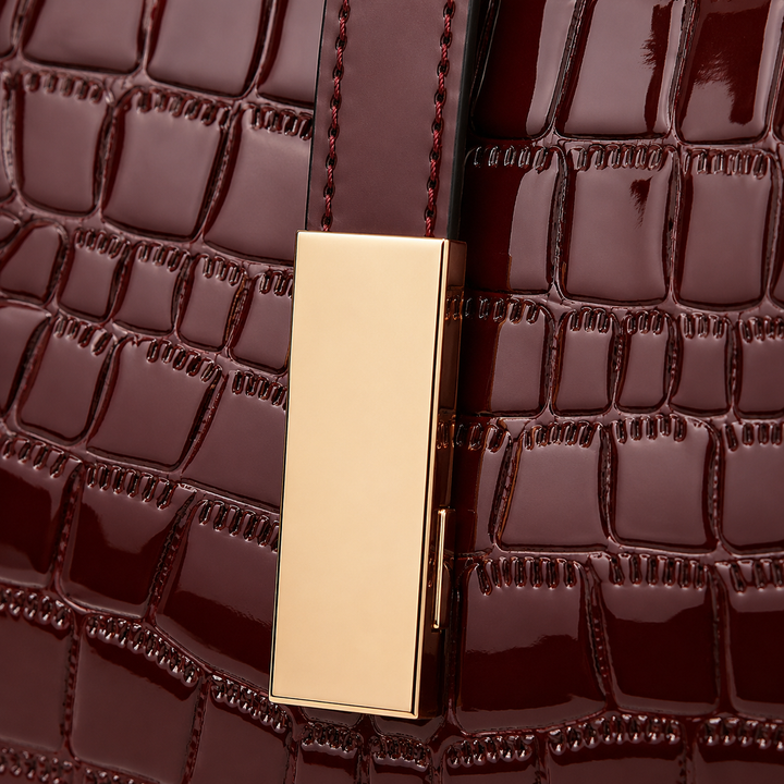Glossy Croc Embossed Crossbody Handbag with Gold Hardware